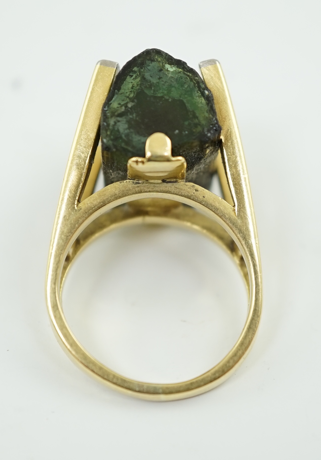 An early 1970's 18ct gold, raw cut watermelon tourmaline? and four stone diamond chip set dress ring